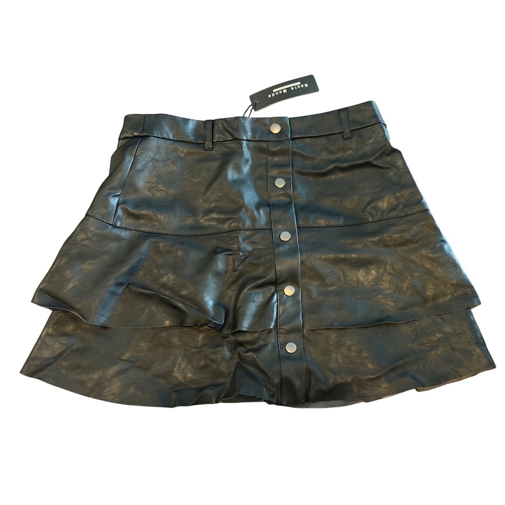NWT Haute Monde Black Faux Leather Snap Front Skirt Size Large